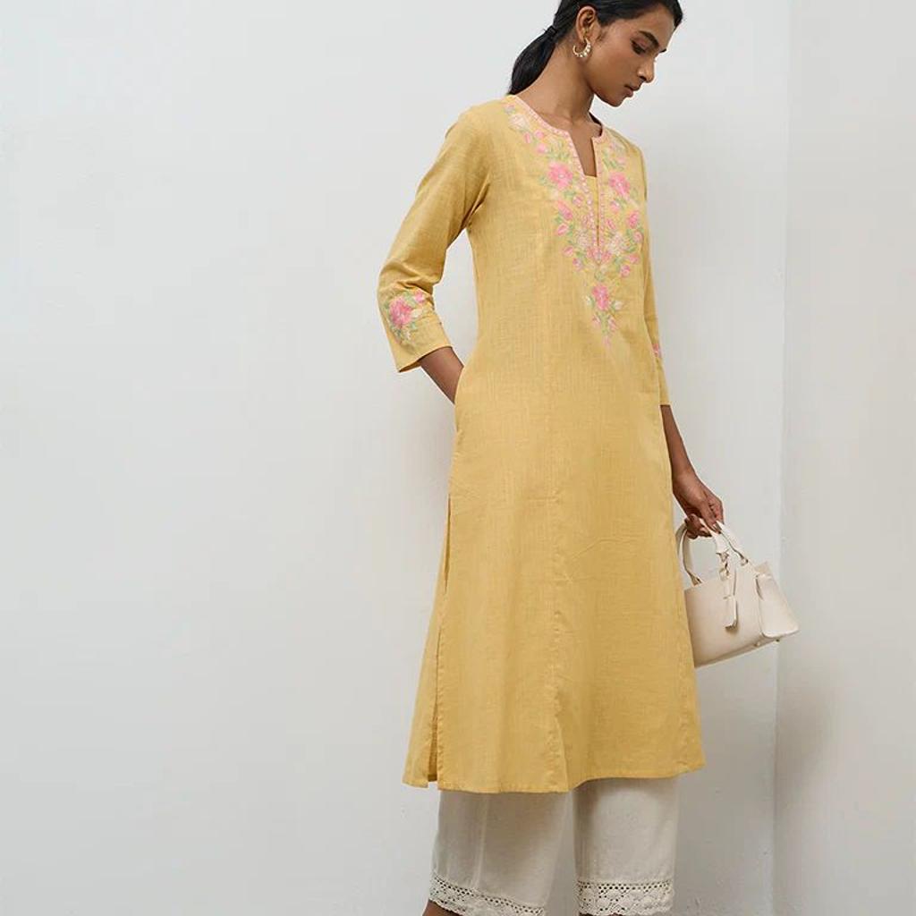 Utsa Mustard Floral Embroidered A-Line Cotton Kurta