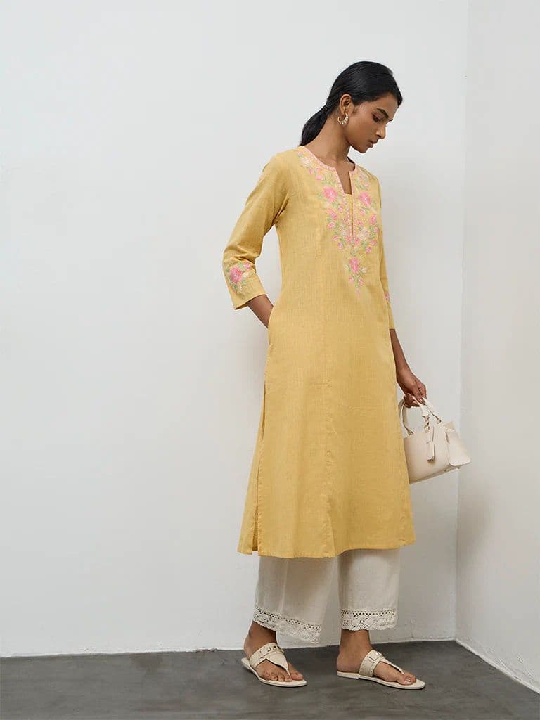 Utsa Mustard Floral Embroidered A-Line Cotton Kurta