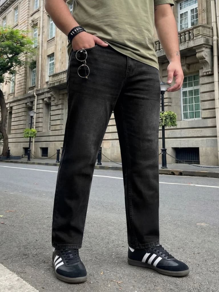 Plus Men's Black Relaxed Fit Washed Denim Jeans Non-Stretchable