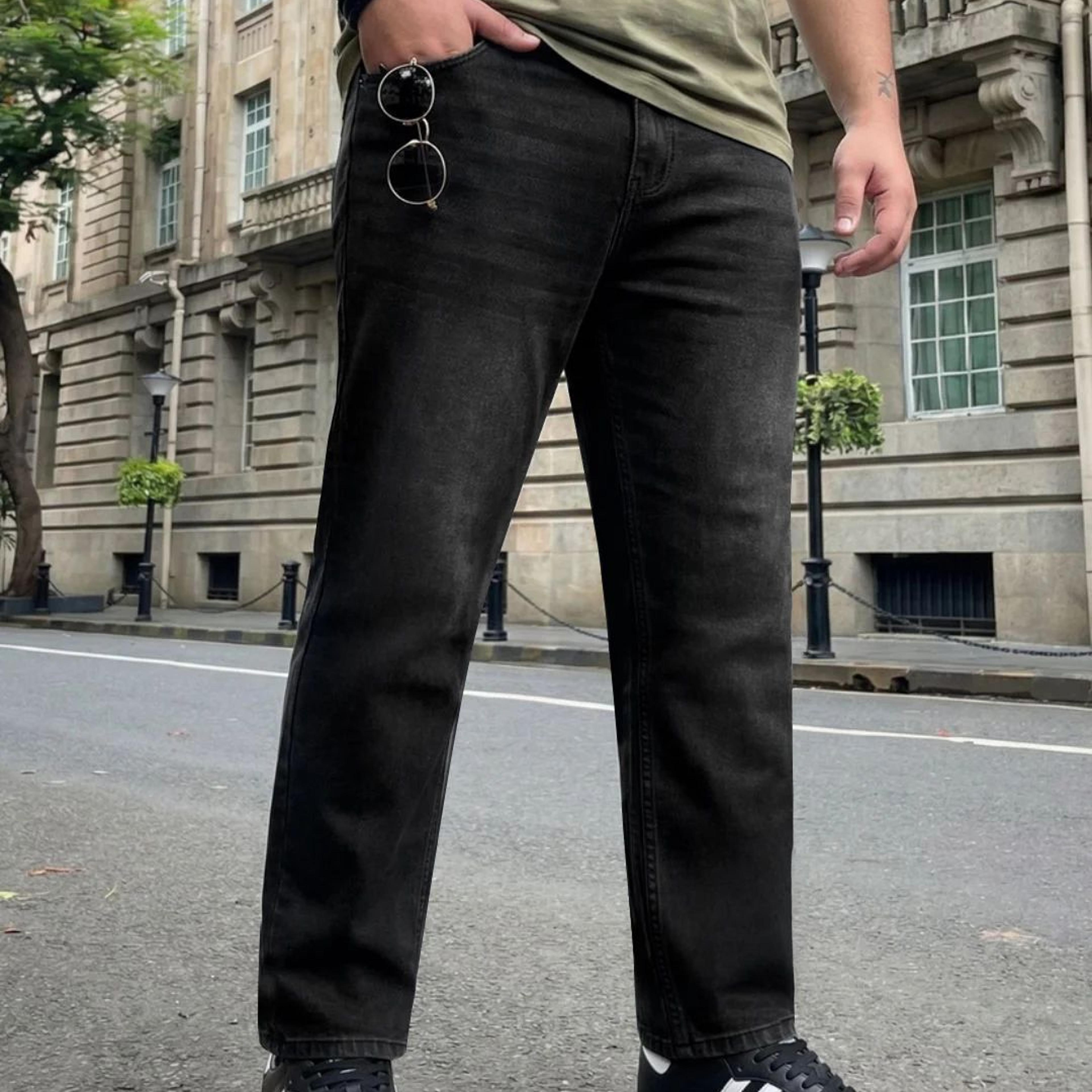 Plus Men's Black Relaxed Fit Washed Denim Jeans Non-Stretchable