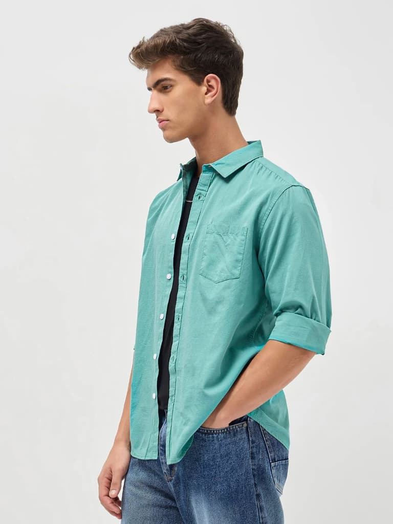 Men's Light Teal Cotton Full Sleeve Regular Fit Casual Solid Slub Shirt with Spread Collar — photo 2