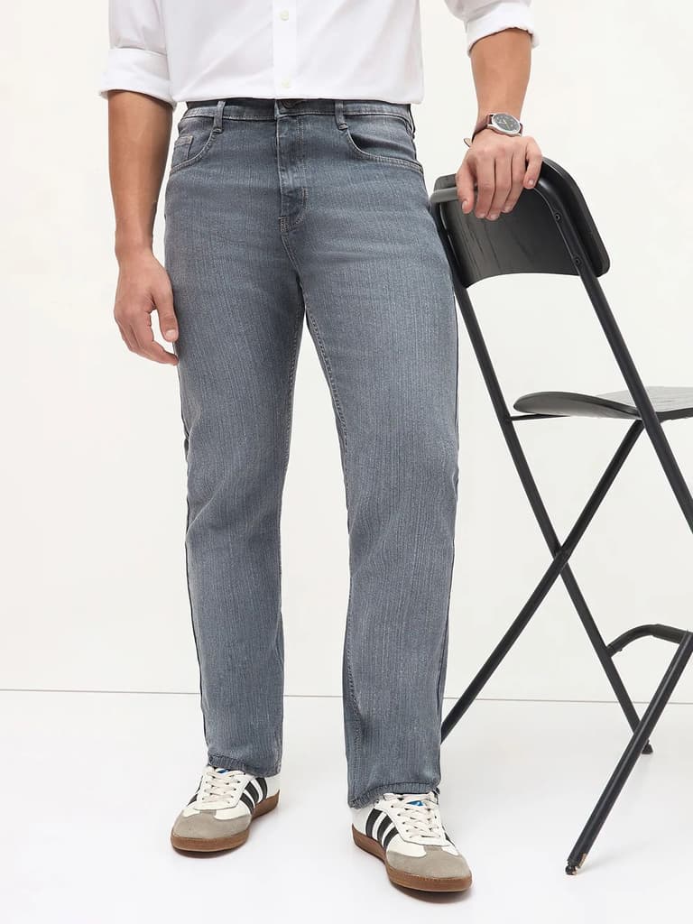 Men's Grey Straight Fit Washed Denim Jeans Stretchable — photo 2