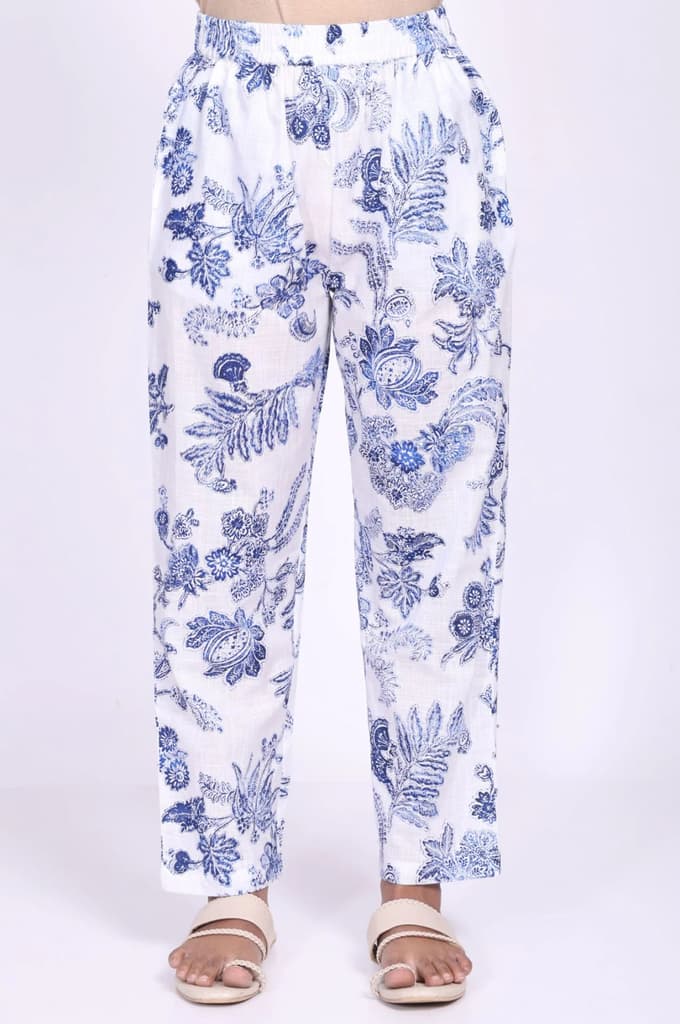 White Floral Printed Pure Cotton Straight Kurta with Straight Pant Set — photo 7