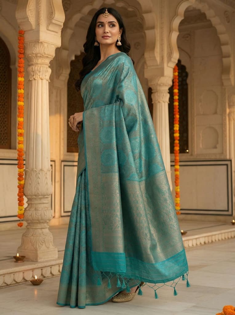 MIMOSA Women's Woven Design Kanjivaram Style Art Silk Saree with Blouse Piece - Saffire ( SA00002246SFFREE ) — photo 3