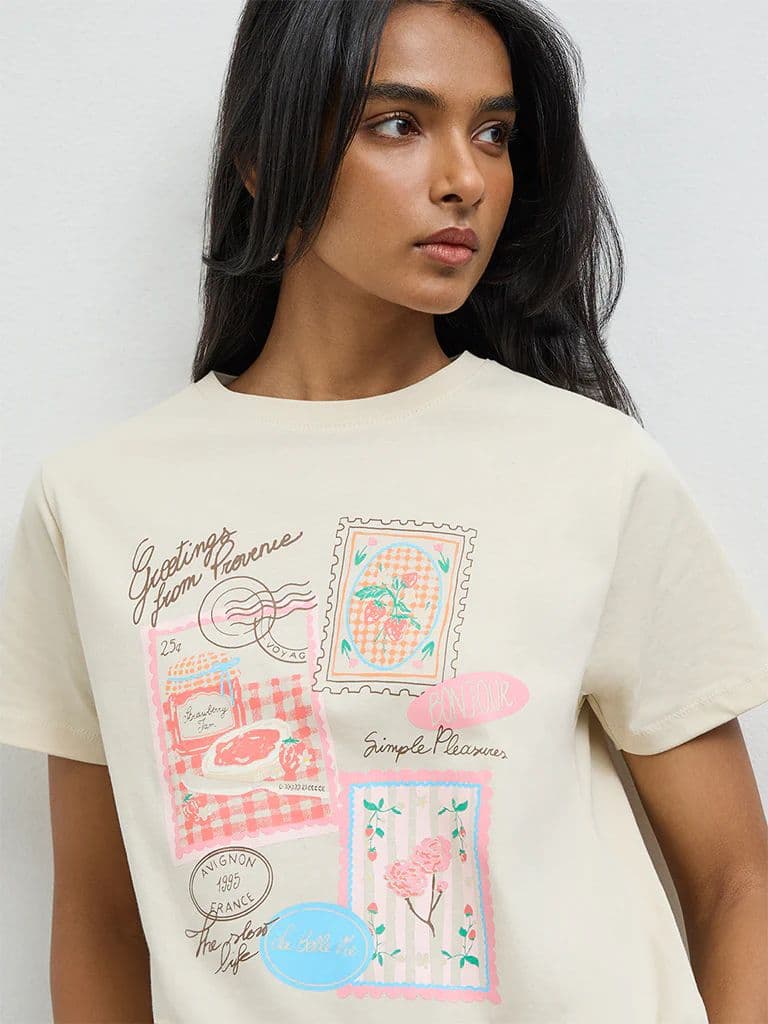 LOV Light Beige Printed Cotton T-Shirt — photo 3