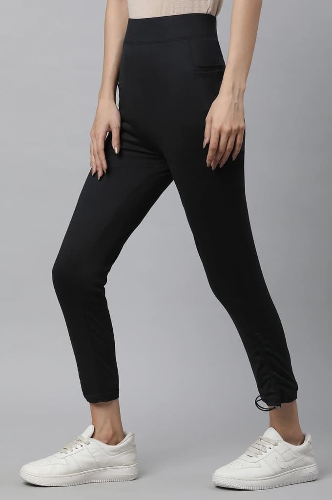 Black Solid Skinny Fit Yoga Tights With Drawstring — photo 2