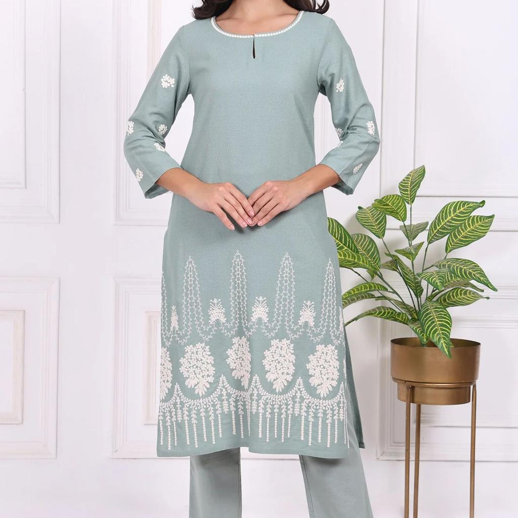 Light Green Embroidered Rayon Straight Kurta and Straight Pants Co-ord Set