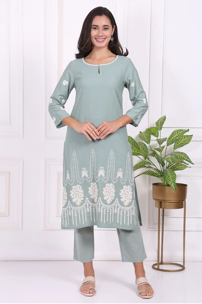 Light Green Embroidered Rayon Straight Kurta and Straight Pants Co-ord Set — XS