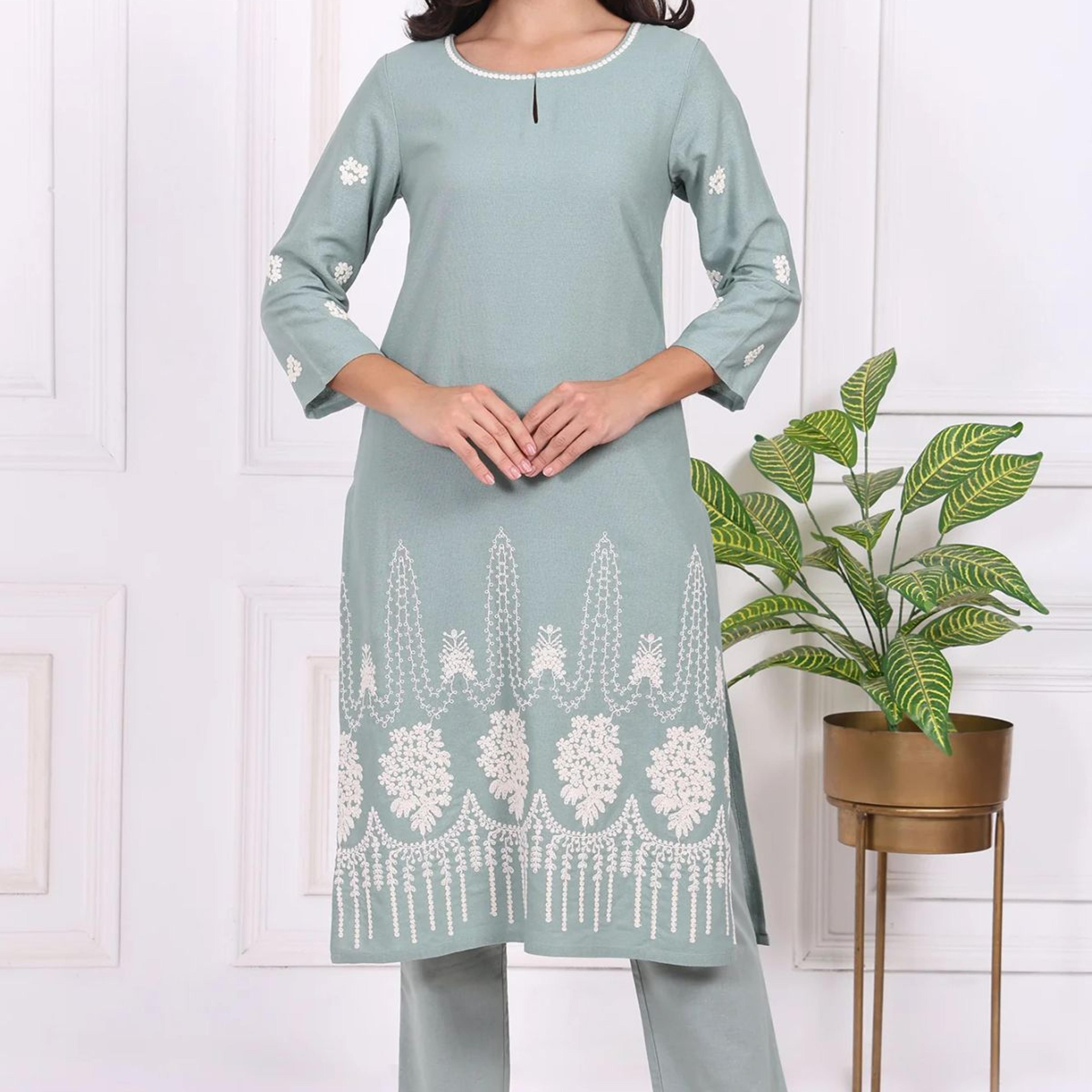 Light Green Embroidered Rayon Straight Kurta and Straight Pants Co-ord Set