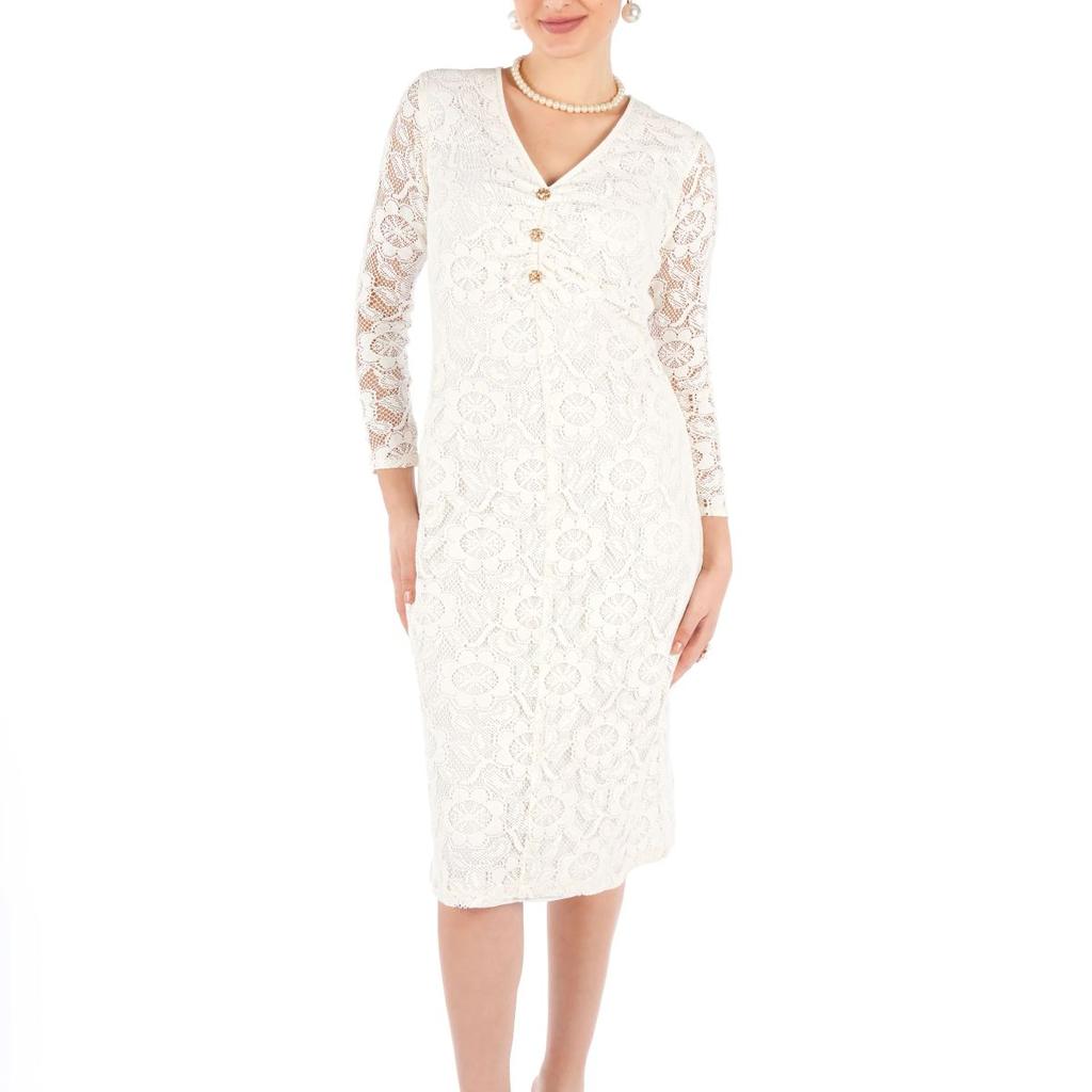 Leyna Off White Floral Cotton Nylon Fitted V-Neck Full Sleeve Top