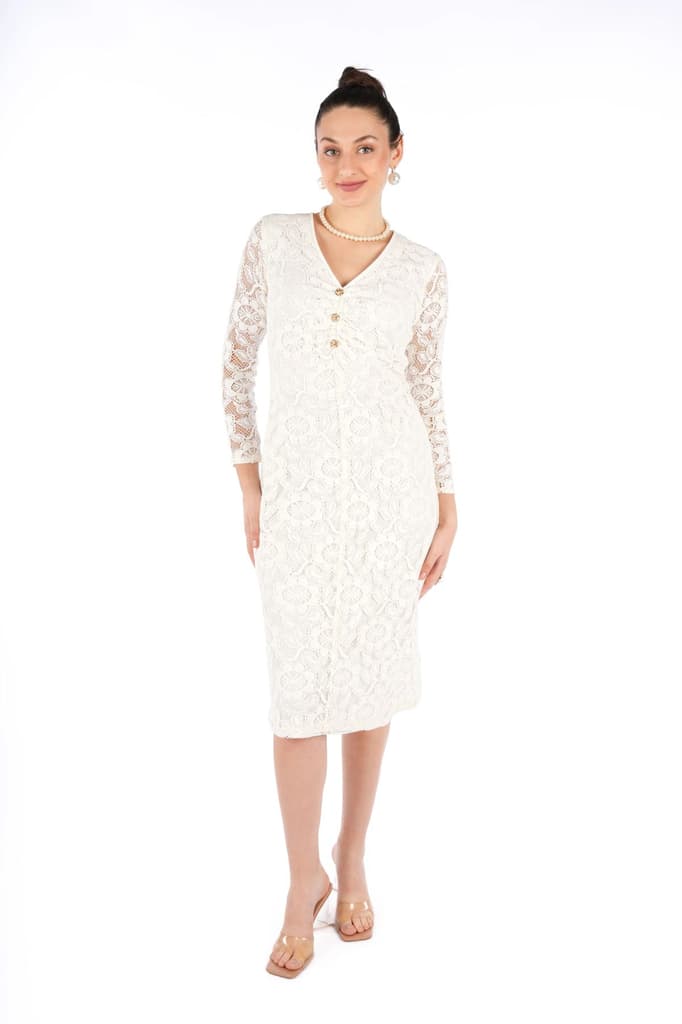 Leyna Off White Floral Cotton Nylon Fitted V-Neck Full Sleeve Top