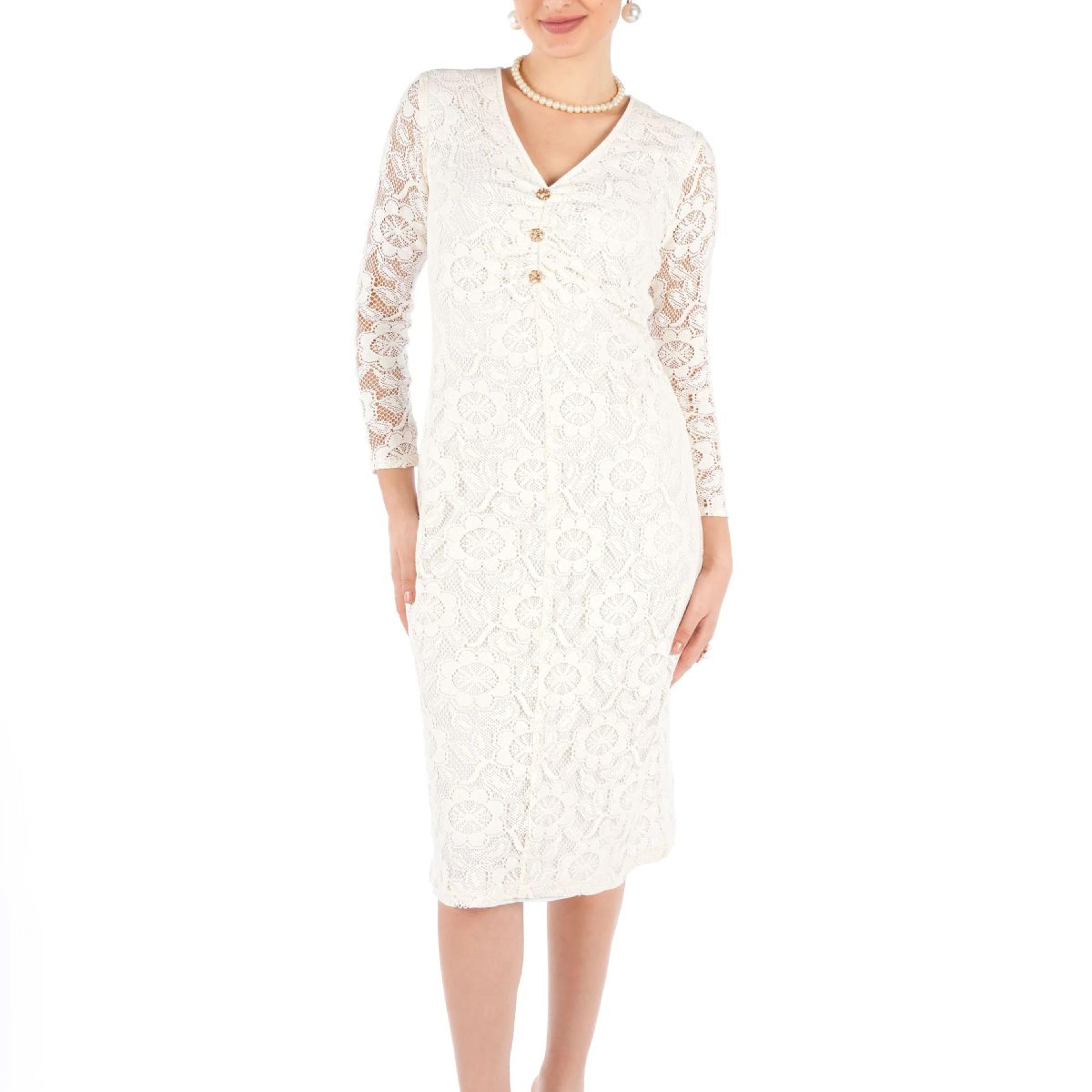 Leyna Off White Floral Cotton Nylon Fitted V-Neck Full Sleeve Top