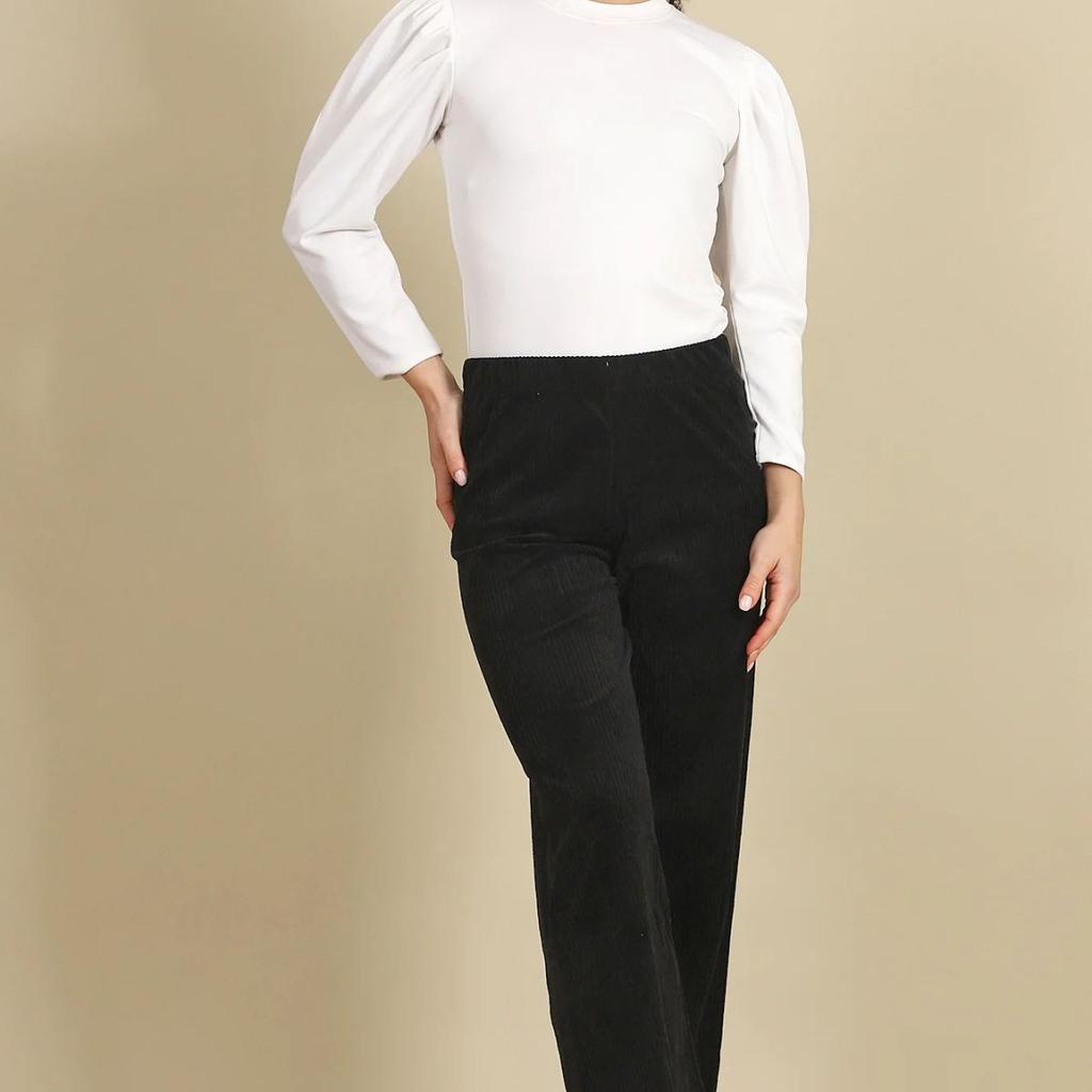 Black Solid Straight Fit Cotton Pants With Slip On Closure