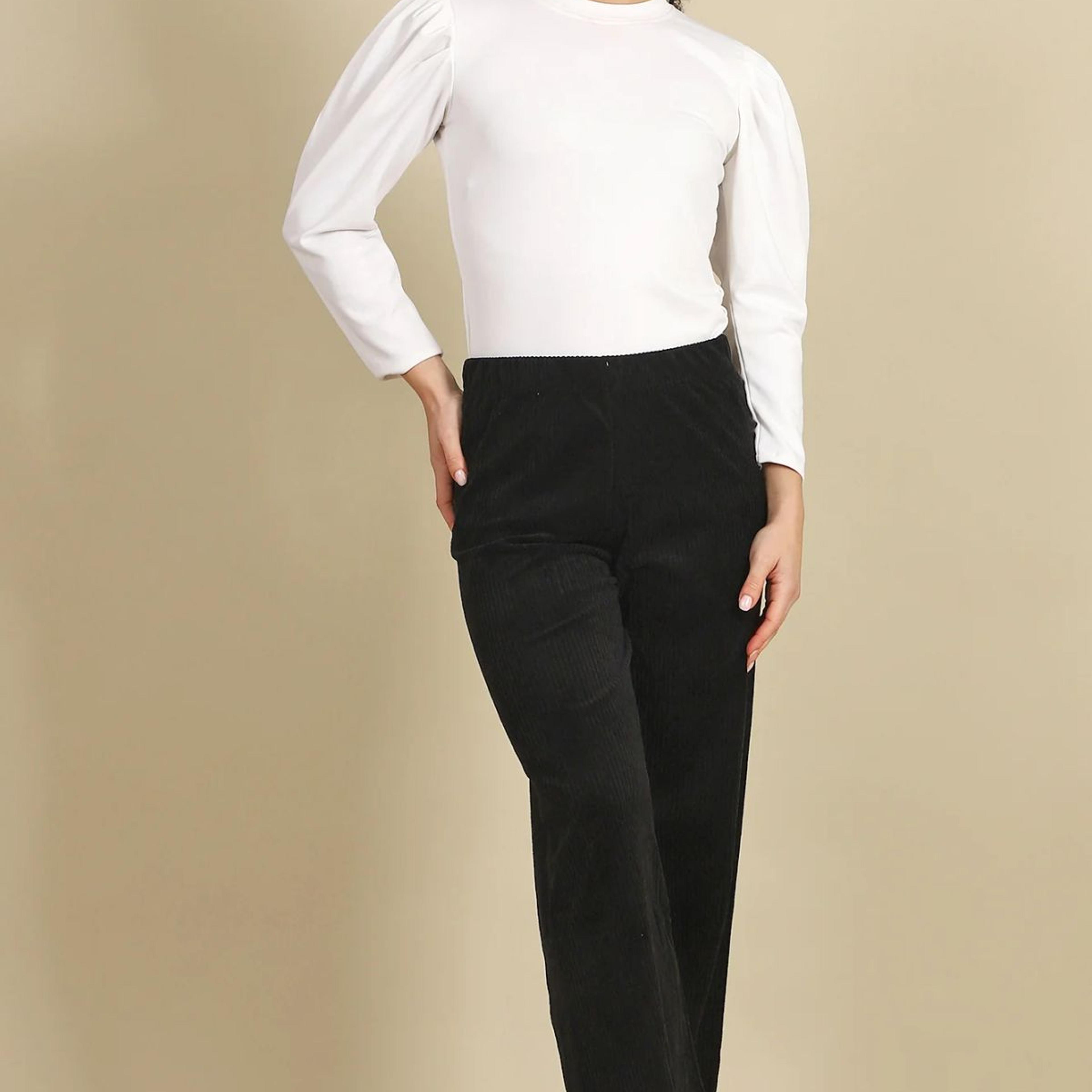 Black Solid Straight Fit Cotton Pants With Slip On Closure