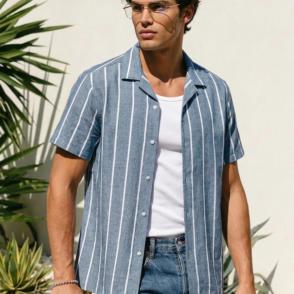 Men's Aqua Cotton Half Sleeve Relaxed Fit Linen Striped Shirt with Cuban Collar