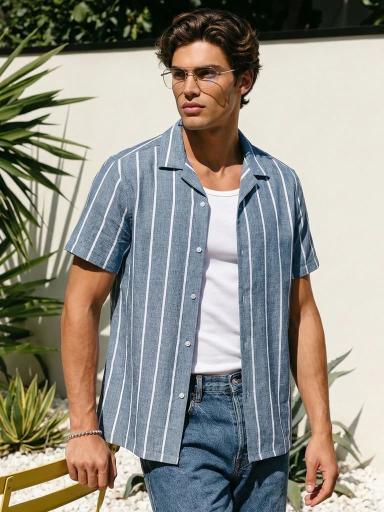 Men's Aqua Cotton Half Sleeve Relaxed Fit Linen Striped Shirt with Cuban Collar — S / Aqua