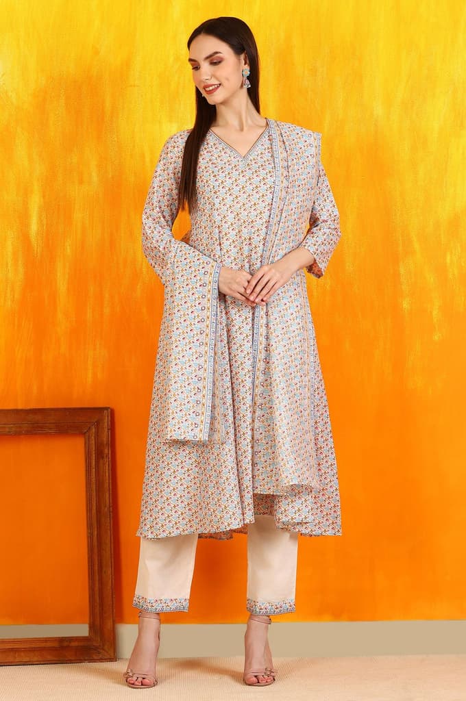 Off-White Floral Printed Pure Cotton Flared Kurta, Pants and Dupatta Set — photo 3