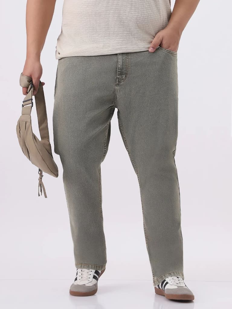 Plus Men's Light Grey Straight Fit Heavy Washed Jeans Stretchable — photo 2