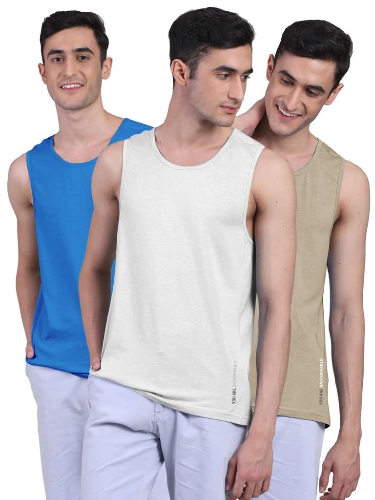 Twin Skin Organic Bamboo Vest - Active Fit (Pack of 3) — Pilot Blue; White; Beach Sand / S / Men