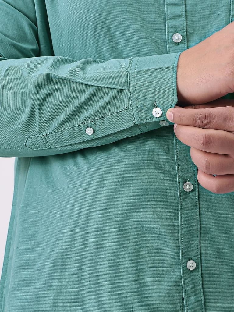Plus Men's Light Teal Cotton Full Sleeve Regular Fit Casual Solid Slub Shirt with Spread Collar — photo 6