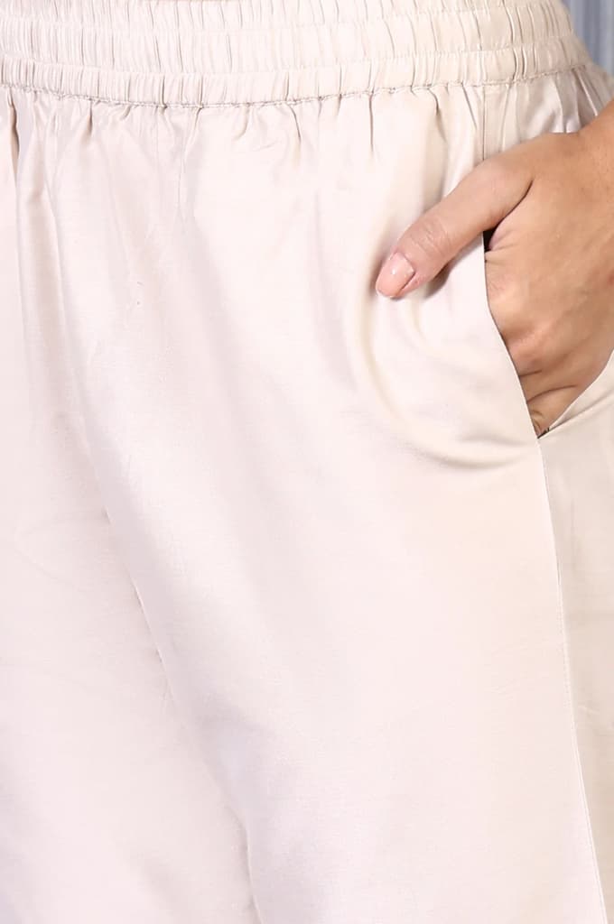 Cream Mirror Embroidered Chanderi Straight Kurta, Pants and Dupatta Set — photo 9