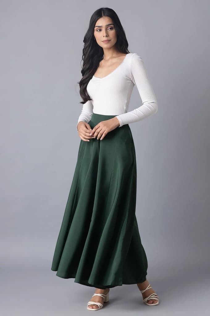 Muted Sage Green Solid Flared Woven Palazzo With Elasticated Waistband — photo 5