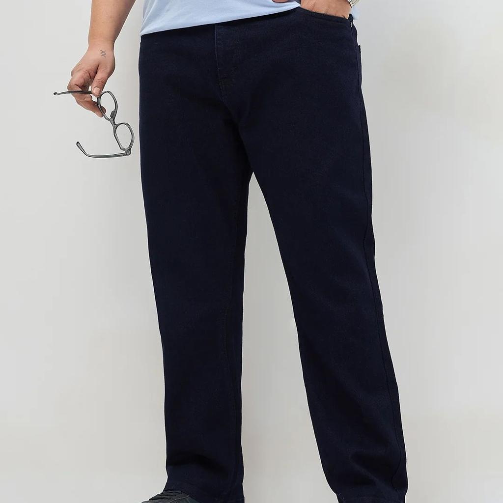 Plus Men's Dark Blue Straight Fit Raw Washed Denim Jeans Stretchable