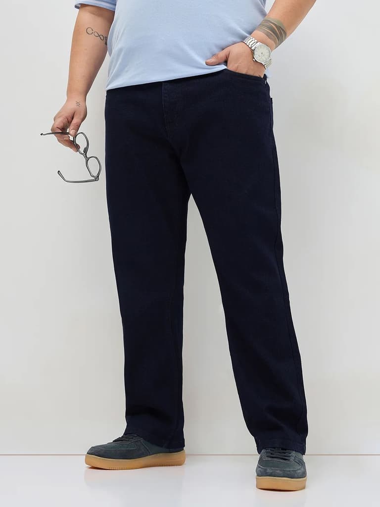 Plus Men's Dark Blue Straight Fit Raw Washed Denim Jeans Stretchable