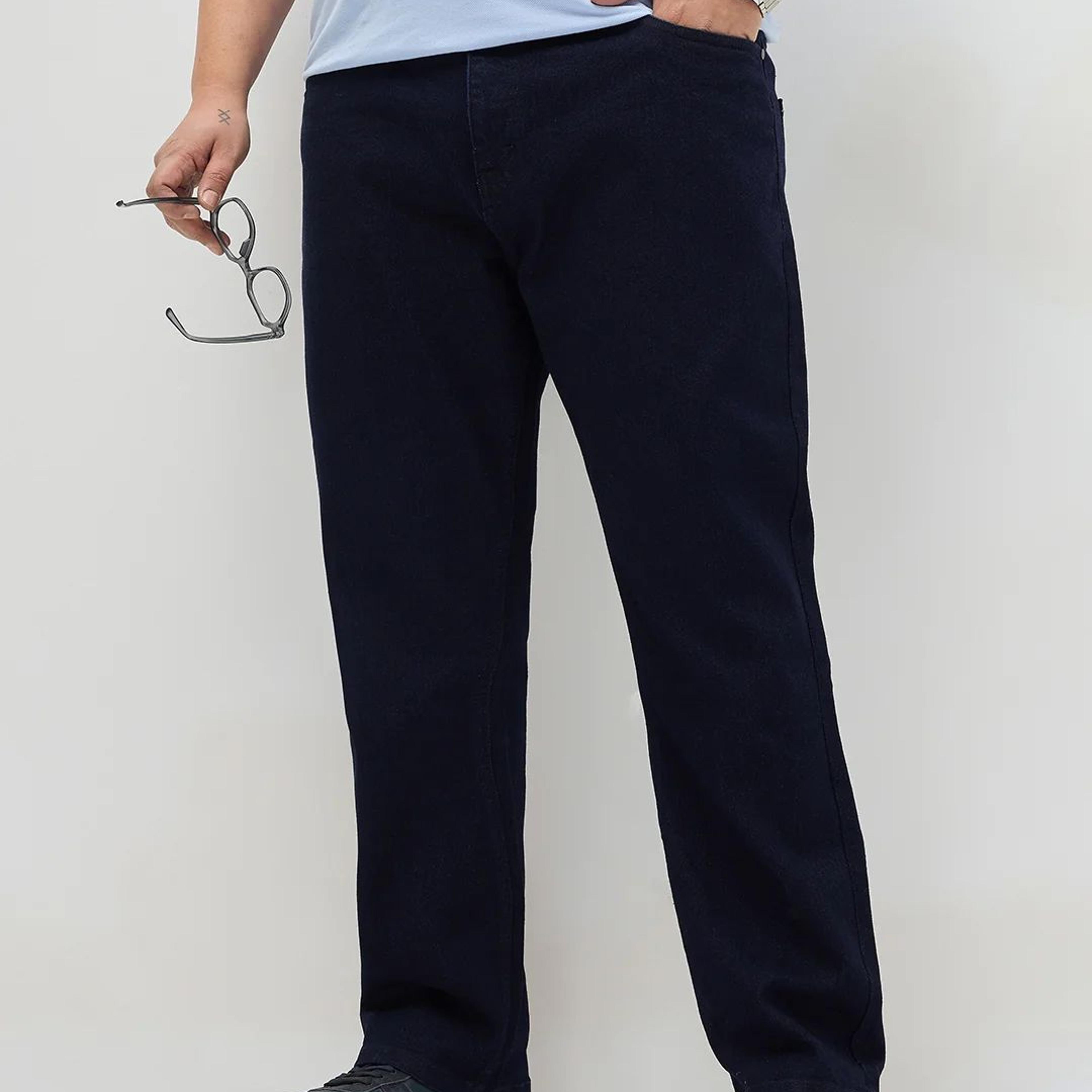 Plus Men's Dark Blue Straight Fit Raw Washed Denim Jeans Stretchable