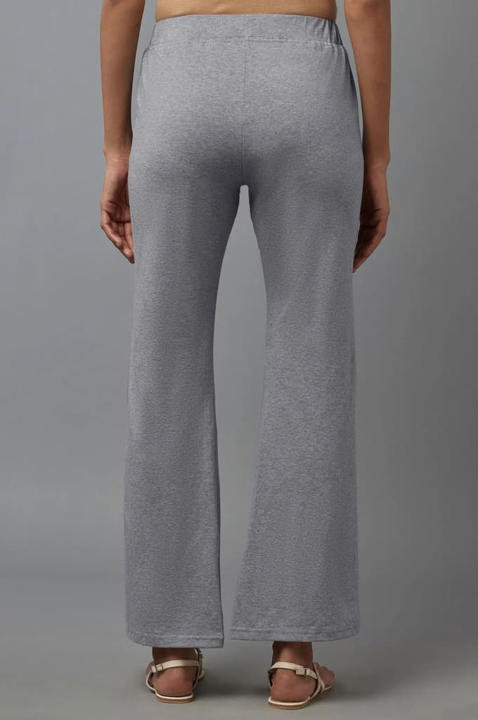 Grey Solid Flared Cotton Pants With Slip On Closure — photo 3
