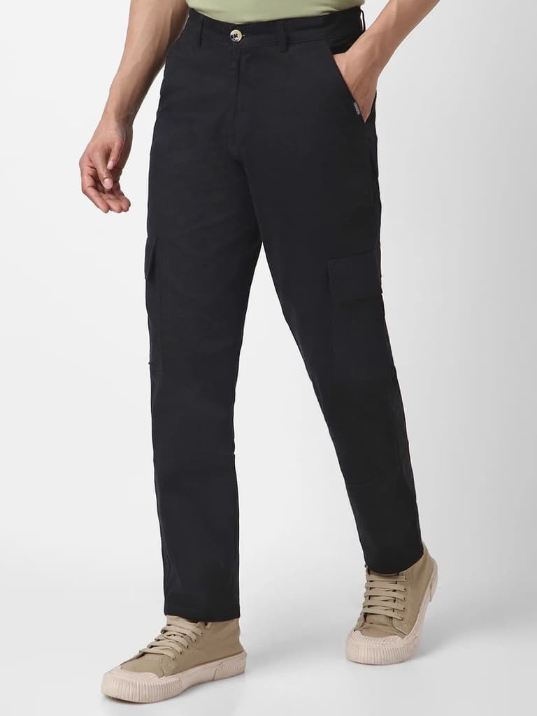 Men's Black Regular Fit Solid Cargo Chino Pant with 6 Pockets Stretchable — photo 2