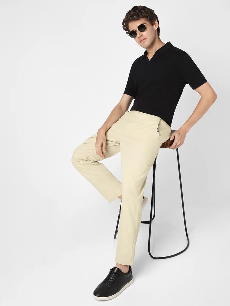 Men's Cream Cotton Regular Fit Casual Chinos Trousers Stretch — photo 4