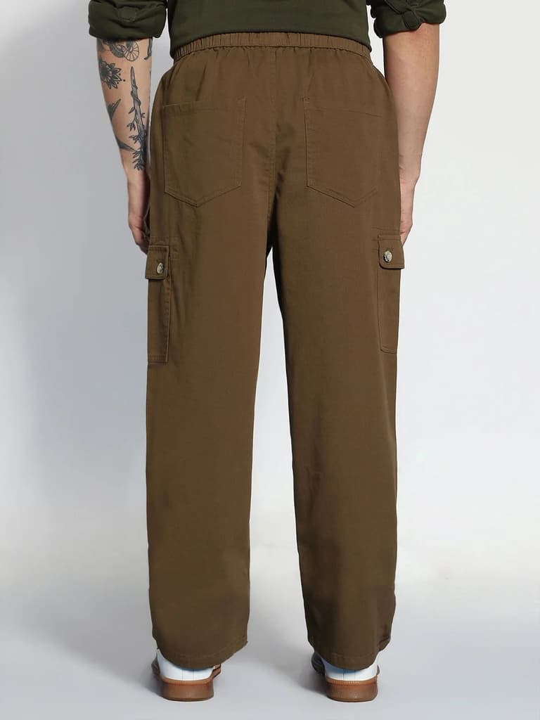 Men's Brown Loose Baggy Fit Cargo Jogger Chino Pant with 6 Pockets Stretchable — photo 4