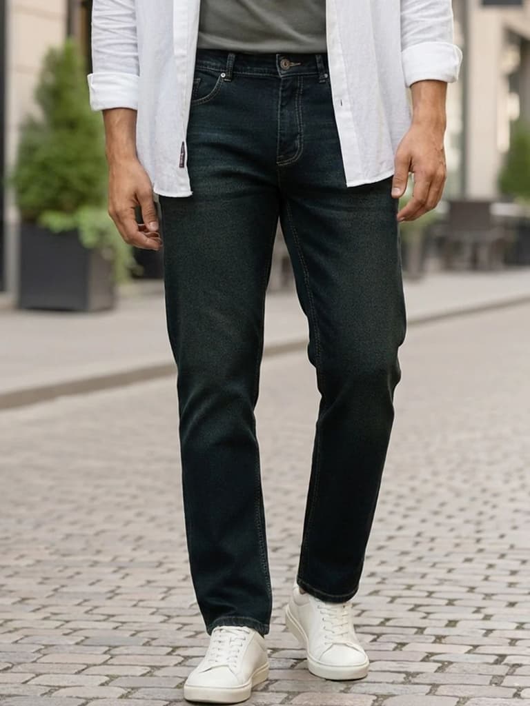 Men's Carbon Blue Regular Fit Whisker Wash Yellow Tint Denim Jeans Stretchable — 28 / Carbon Blue