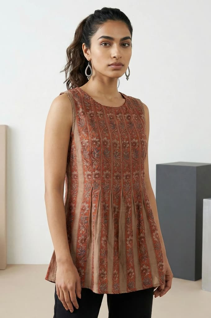 Rust Block Floral Printed Cotton Blend Pleated Sleeveless Top — photo 5