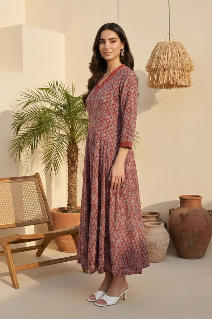 Rust Ethnic Motifs Rayon A-line Kurta — photo 4