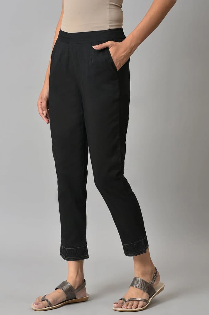 Black Floral Printed Straight Fit Pants With Elasticated Waist — photo 3