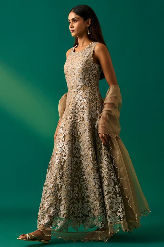 Beige Embroidered Anarkali Dress with Churidar and Dupatta Set — photo 3