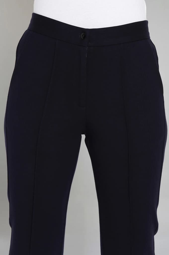 Navy Blue Solid Straight Fit Trousers With Pintuck Detail — photo 6