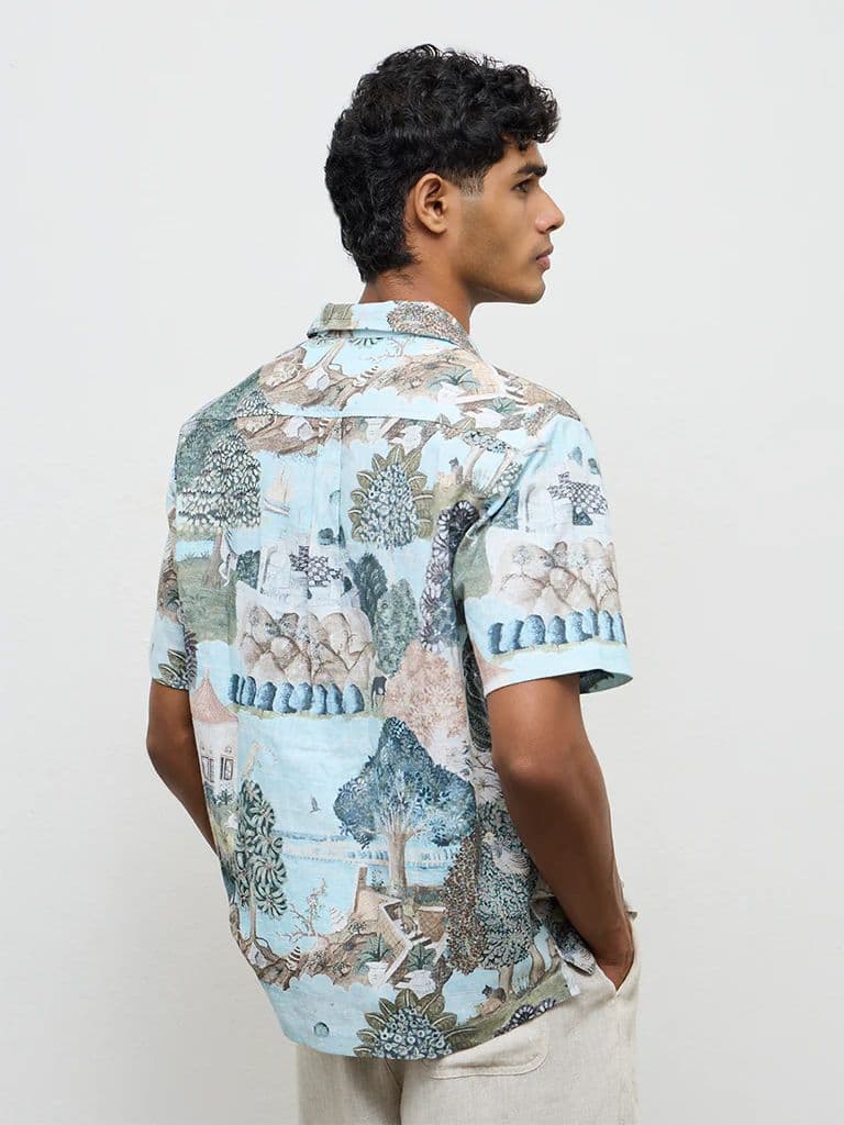 ETA Light Teal Scenic Printed Relaxed-Fit Cotton Shirt — photo 4