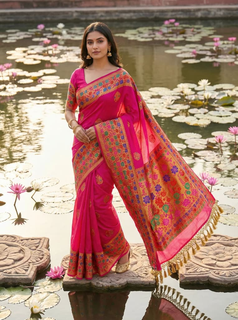 MIMOSA Women's Woven Design Paithani Style Raw Silk Saree with Blouse Piece - Rani ( SA00003127RNFREE ) — Default Title