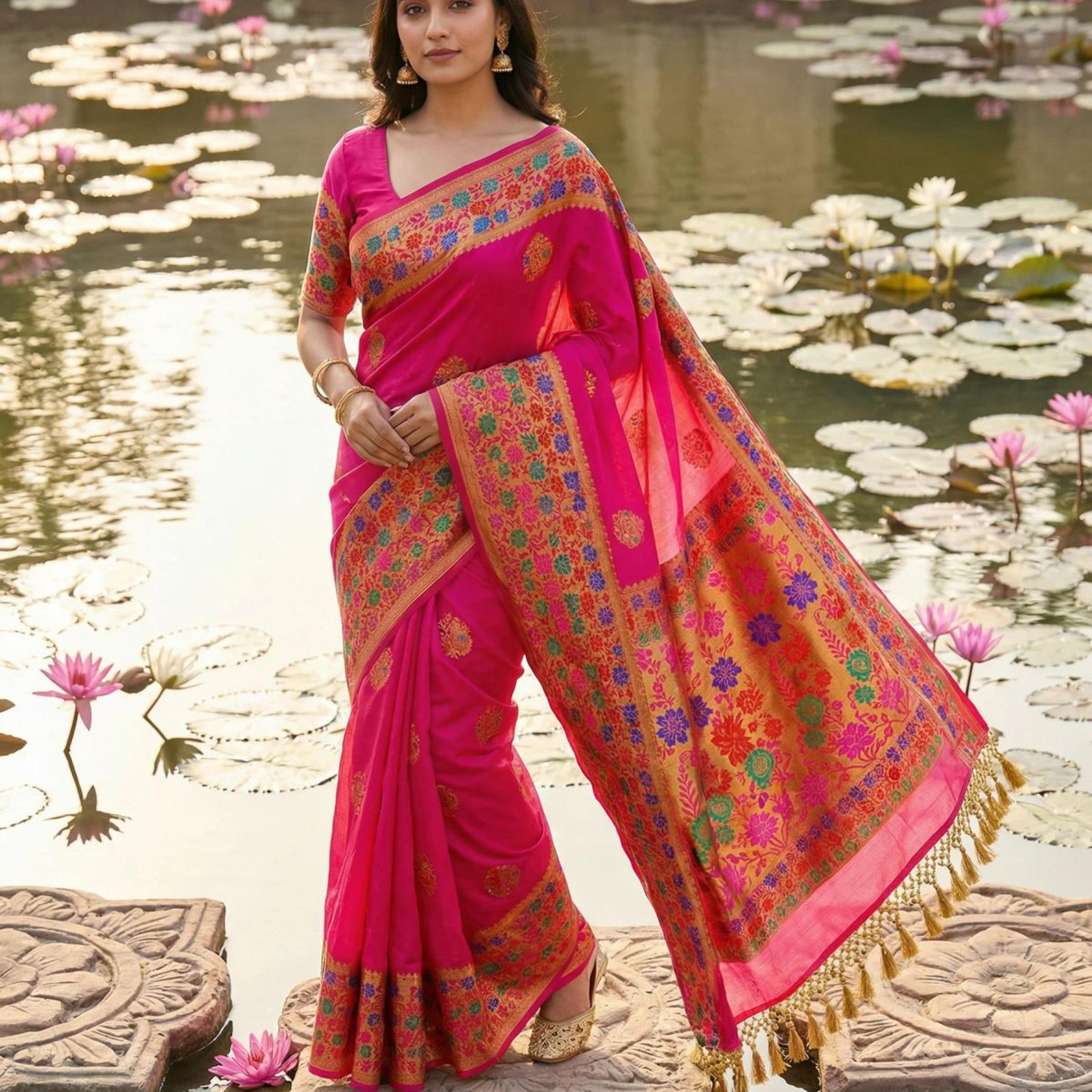 MIMOSA Women's Woven Design Paithani Style Raw Silk Saree with Blouse Piece - Rani ( SA00003127RNFREE )