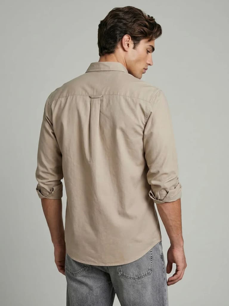 Men's Khaki Cotton Full Sleeve Regular Fit Solid Oxford Shirt With Button-Down Collar — photo 3