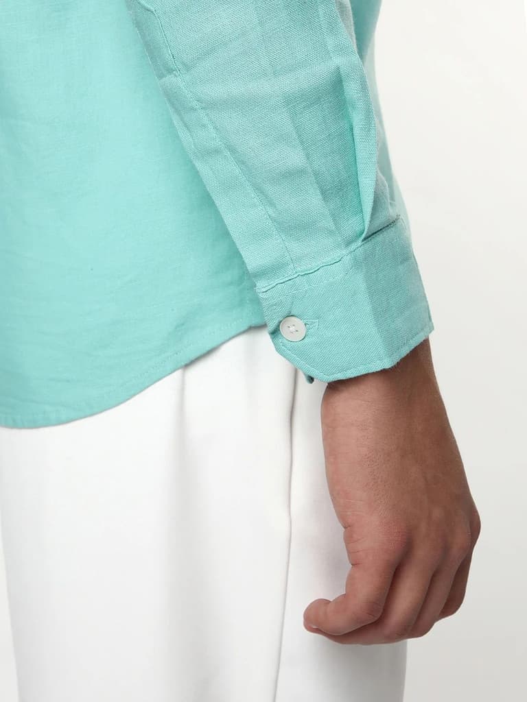 Men's Light Teal Linen Blend Full Sleeve Relaxed Fit Casual Solid Shirt — photo 5