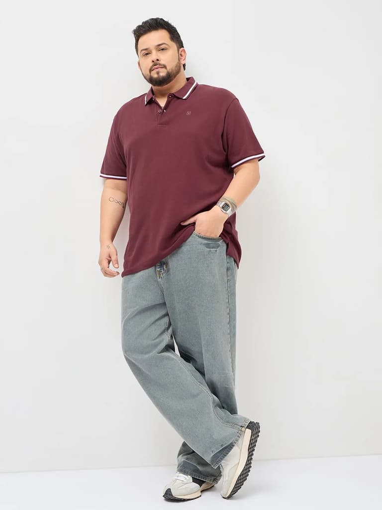 Plus Men's Maroon Solid Regular Fit Half Sleeve Cotton Polo T-Shirt — photo 4