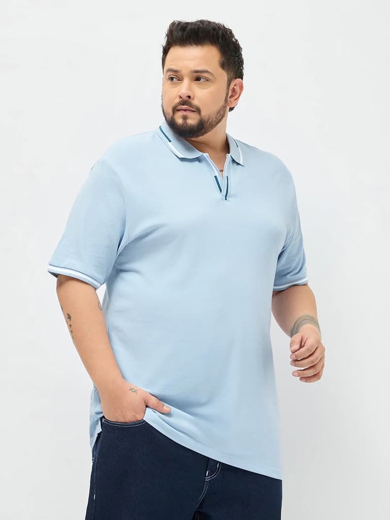 Plus Men's Light Sky Blue Solid Regular Fit Half Sleeve Cotton Polo T-Shirt — photo 2