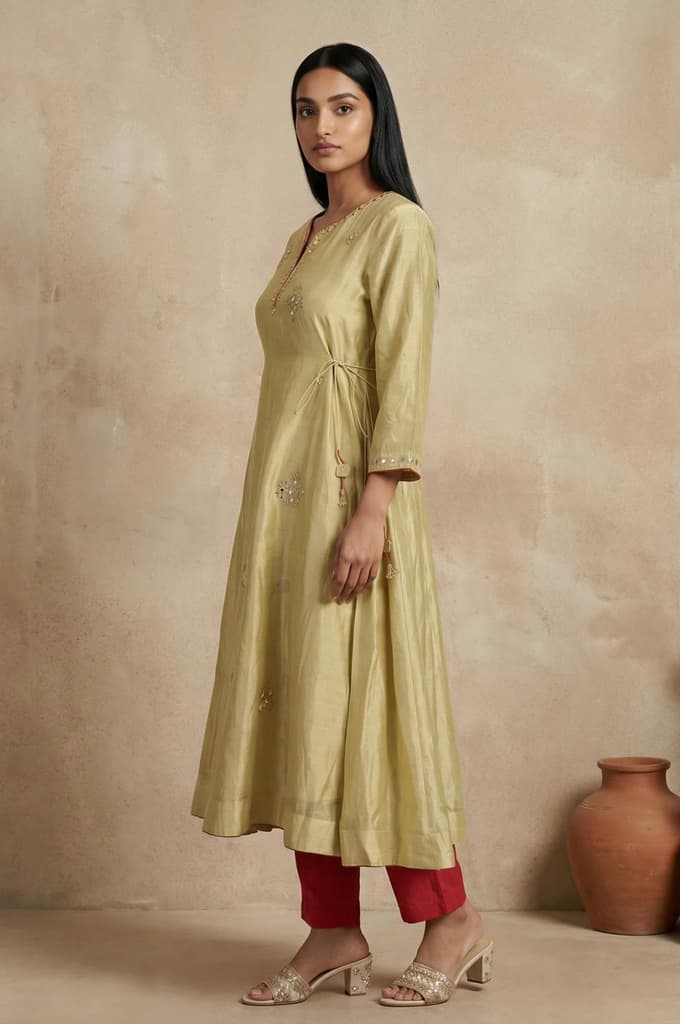 Gold Embroidered Mirror Work Cotton Blend A-line Kurta — photo 3