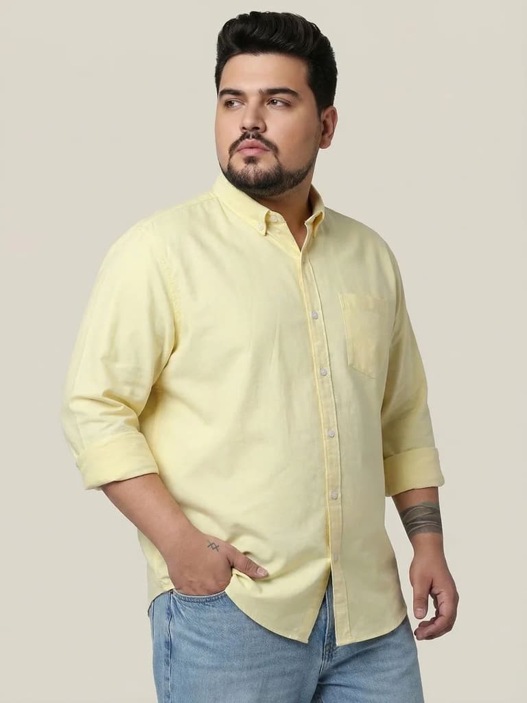 Plus Men's Yellow Cotton Full Sleeve Regular Fit Solid Oxford Shirt With Button-Down Collar — photo 2