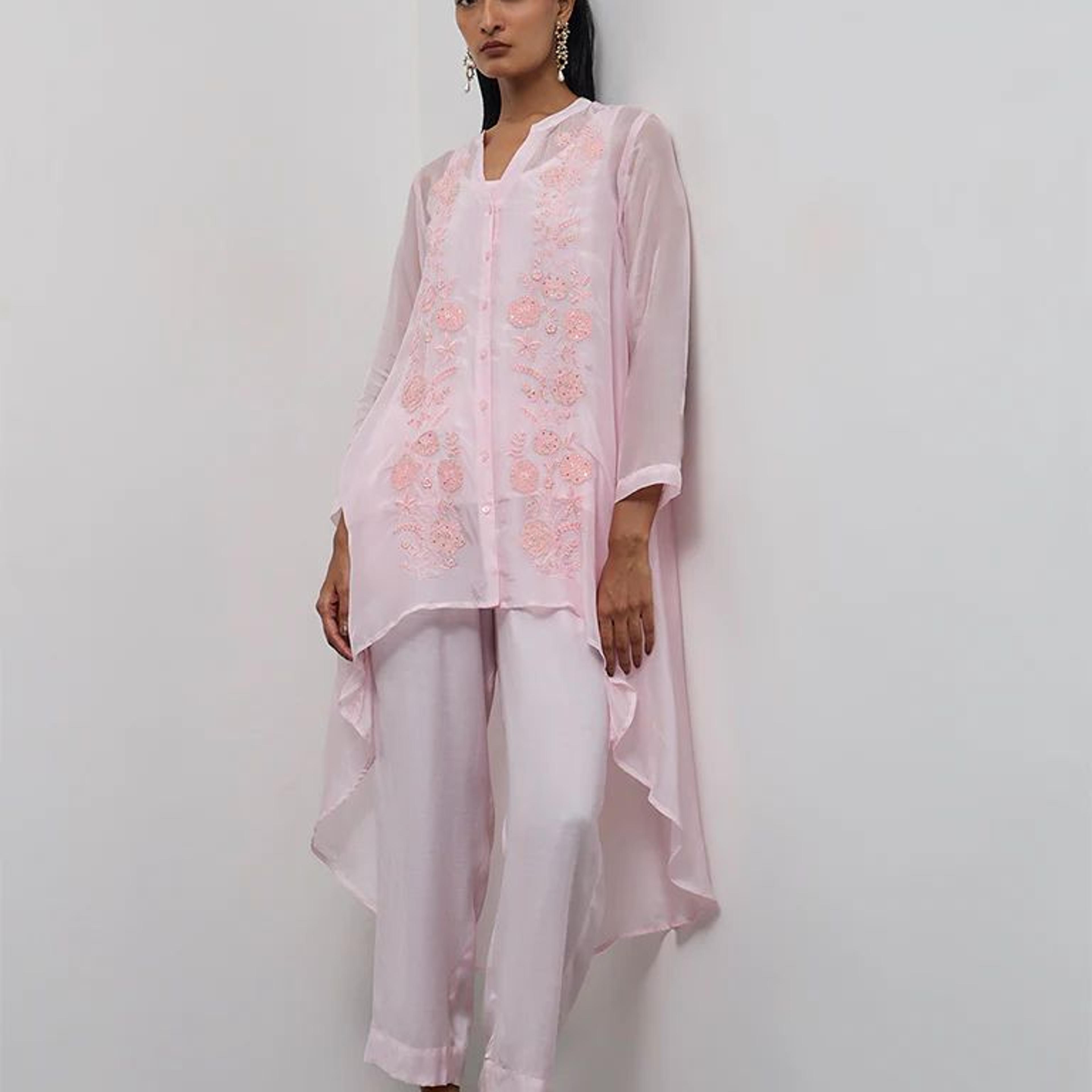 Vark Pink Cotton-Blend Sheer Ethnic Set with Inner