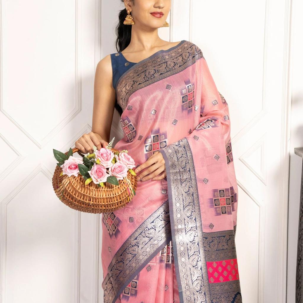 Mimosa Women's Woven Design Kanjivaram Style Art Silk Saree With Blouse Piece : SA00002072PNKFREE